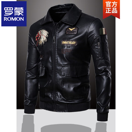 ROMON winter embroidered leather jacket men's winter clothing American handsome men's leather jacket motorcycle jacket plus velvet thickening autumn and winter black + baseball collar + no velvet L recommended 110-125 Jin Jin equals 0.5 kg