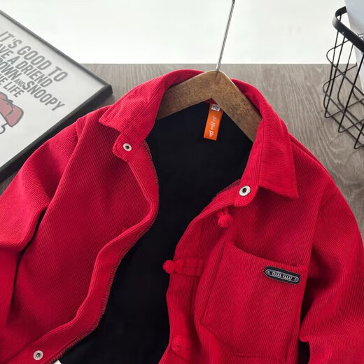 Boys' velvet long-sleeved shirt New Year's greetings clothes for children and babies Korean style trendy corduroy shirt tops red velvet 120