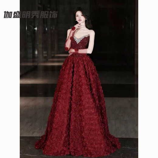 Meianjia Toast Wear Bridal Light Luxurious New Engagement Dress Burgundy Temperament Beautiful Rose Light Wedding Dress Burgundy L