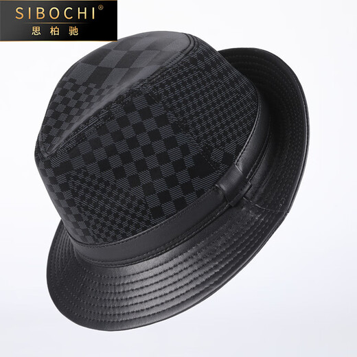 SIBOCHI autumn and winter men's top hat genuine leather hat middle-aged and elderly casual British gentleman hat sheepskin print cowboy jazz hat black Passepartout 2XL 59-60cm
