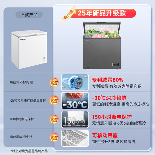 Xingx (XINGX) freezer household 200L large capacity refrigeration and freezing dual-purpose small refrigerator first-class energy efficiency and energy saving micro frost air-cooled frost-free -30 -40 deep freezing and quick freezing all copper tube 143L patented frost reduction 80% -30 deep freezing and quick freezing
