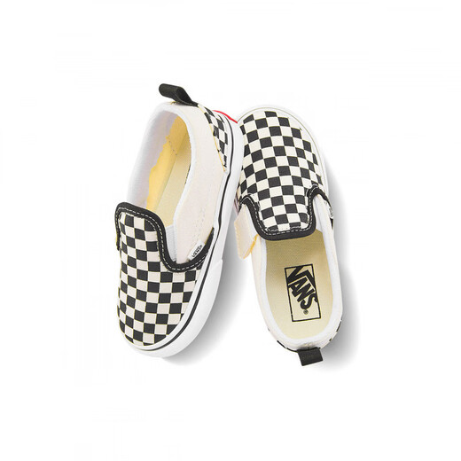 VANS children's shoes Slip-On V checkerboard Velcro comfortable one-leg children's canvas shoes black and white checkerboard 26.5 measured inner length 17cm