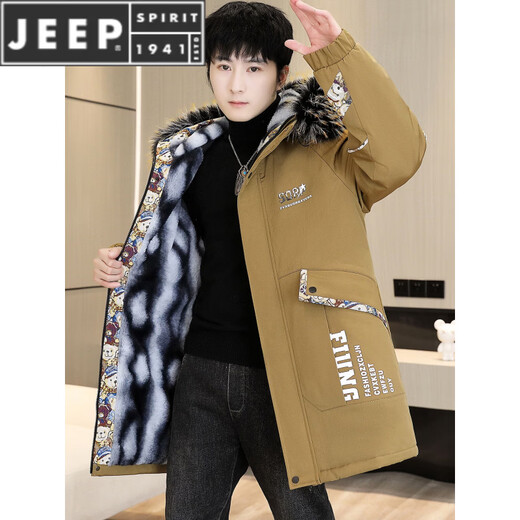 JEEP SPIRIT Winter Parka Men's Jacket Plus Velvet Thickened Jacket Men's Winter Cotton Clothes Mid-Length Windbreaker Warm Jacket Black Plus Velvet Thickened M 80-100Jin Jin is equal to 0.5 kg