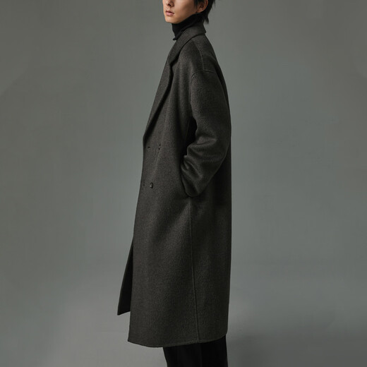 Homlean Korean style woolen coat for men winter thickened mid-length high-end double-breasted coat HK30 matte black XL