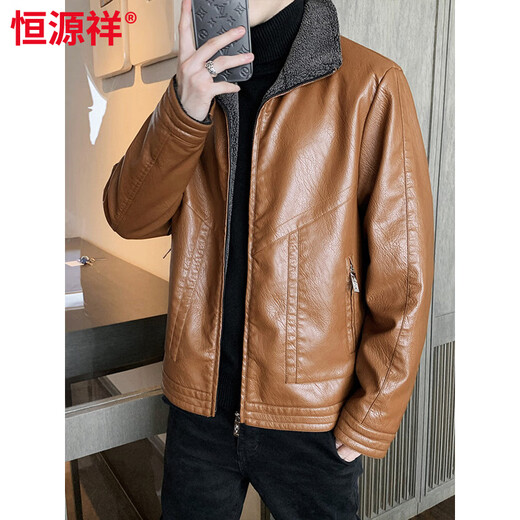 Hengyuanxiang autumn and winter leather jacket men's velvet thickened fur all-in-one warm jacket fat man loose plus size leather jacket trend khaki 6917 6XL