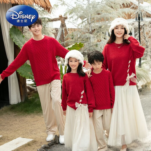 Disney (Disney) New Autumn and Winter French Sweet Parent-child Outfit Sweater Family of Four Chinese New Year Jacket Internet Celebrity Street Mother Red (Twist) 100 Children 100 (25-30Jin Jin is equal to 0.5 kg)