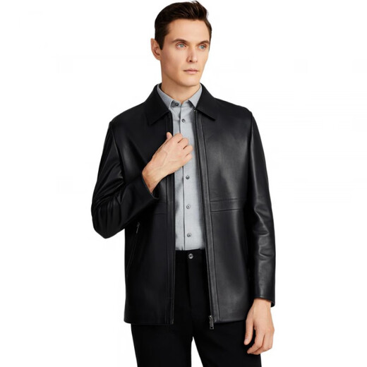 SATCHI solid color lapel zipper slim leather jacket men's black black one size 48