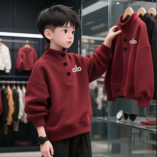 Three-leaf bean boys sweatshirt autumn and winter 2025 new children's velvet thickened tops for big boys boys New Year's red clothes red velvet style 150