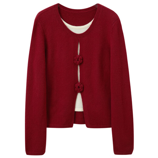 Sancai 2026 Spring New Camellia Sweater Long Sleeve Round Neck Fake Two-Piece New Year Sweater M