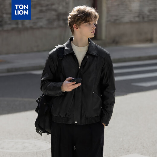 TonLion 2026 Spring New Men's Imitation Leather Jacket Trendy American Brown Loose Black Trendy Cool Versatile Fashion Black S