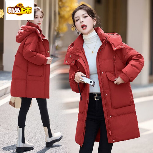 Chujing Winter Down Jacket Women's Medium Long Loose Thickened Hooded White Duck Down Warm Jacket Light Card M Recommended 90-109Jin Jin is equal to about 0.5 kg
