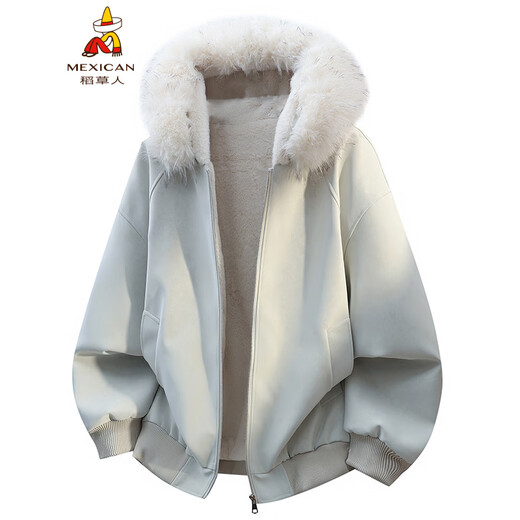Scarecrow Mountain Carving PU Fur Collar Hooded Cotton Jacket for Men and Women Winter New Plus Velvet Thickened Warm Cotton Jacket Beige Color MY3588 L