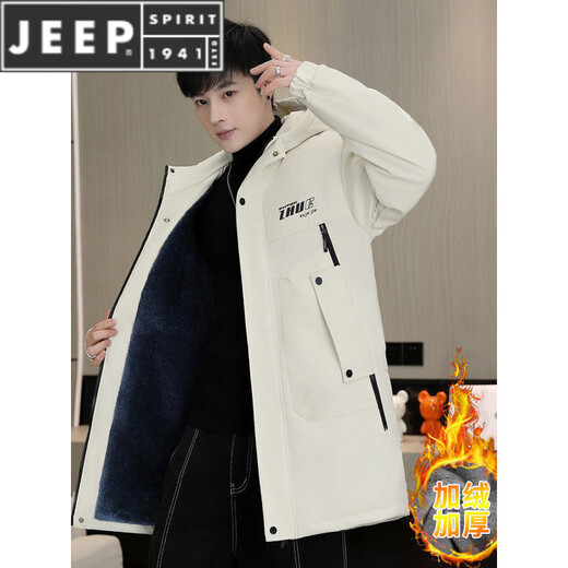 JEEP SPIRIT2025冬季加绒加厚风衣男外套韩版休闲青年连帽保暖中长款夹克上衣 米白色 M 适合95-115斤