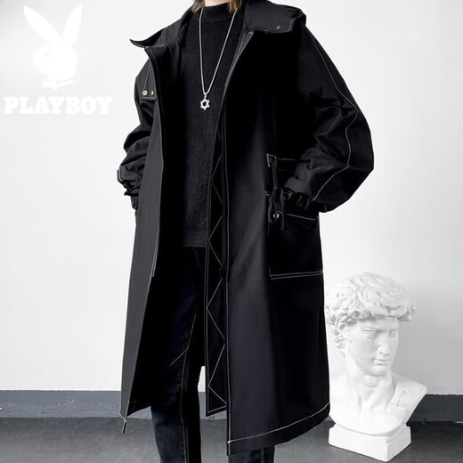Playboy windbreaker men's autumn and winter mid-length hooded men's casual thick coat young men's loose long velvet coat 11-F262 hooded long windbreaker coat black XL recommended weight 135-160Jin Jin equals 0.5 kg