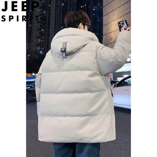 JEEP SPIRIT90白鸭绒中长款羽绒服男青少年冬季加厚保暖防寒服初高中学生外套 米白色 S