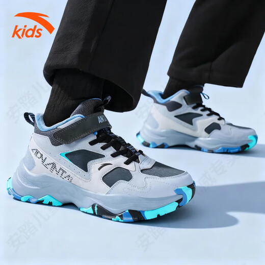 Anta children's cotton shoes for boys, middle and large children, 2026 winter new style plus velvet cotton shoes, high-top comfortable and warm snow boots, castle gray/fog gray/silver-1 Velcro 36, foot length about 23cm