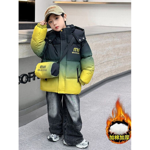 Fat Donglai buys boys' winter down cotton-padded jacket with 50% off plus velvet and thickened lamb's wool gradient color foreign style purple_free satchel + lamb's wool lining 110 cm_recommended height around 100-110
