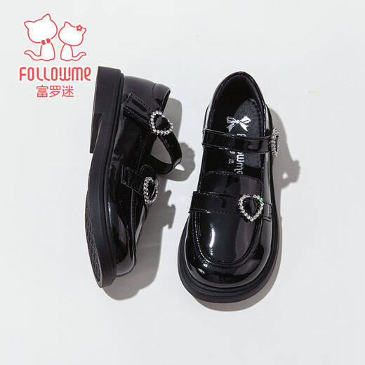 Fuluo Mi Girls' Leather Shoes Spring New Fashion Versatile Girls Soft Sole Comfortable College Style Children's Shoes Shadow Black 34