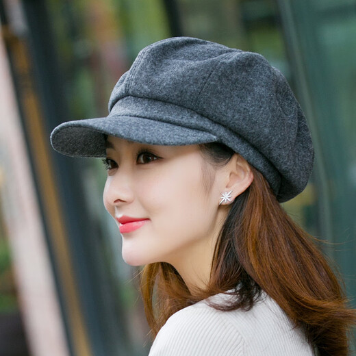 Odaixiu small head circumference hat women's beret Korean style wool octagonal British retro autumn and winter trendy versatile Japanese style literature and art burgundy M adjustable (54-59c)