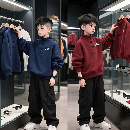 Three-leaf bean boys sweatshirt autumn and winter 2025 new children's velvet thickened tops for big boys boys New Year's red clothes red velvet style 150
