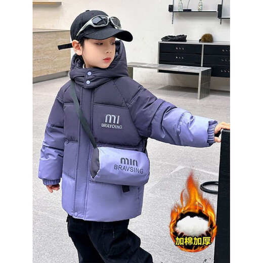 Fat Donglai buys boys' winter down cotton-padded jacket with 50% off plus velvet and thickened lamb's wool gradient color foreign style purple_free satchel + lamb's wool lining 110 cm_recommended height around 100-110