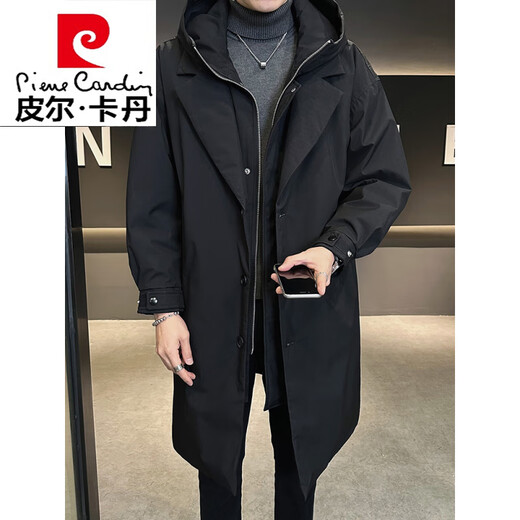 Pierre Cardin fake two-piece mid-length down jacket for men winter 2026 new high-end trendy brand fashion personality thickened windbreaker jacket black L