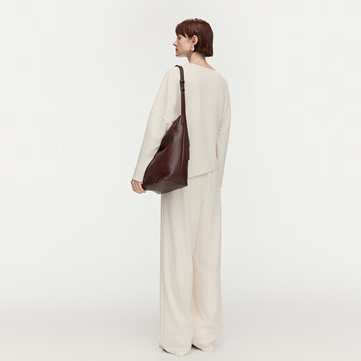 AUM relaxed suit 2026 spring new fashion temperament one-line collar knitted brushed top wide-leg pants for women beige top S