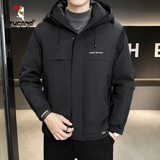 啄木鸟（TUCANO）二棉男装秋冬季2026新款连帽外套男士冲锋衣款夹克夹棉加厚上衣服 黑色 L