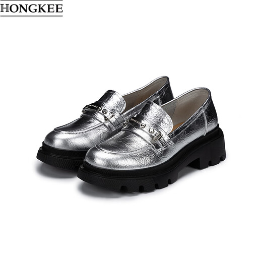 HONGKEE Women's Shoes 2026 Spring New Thick Heel Thick Sole Versatile Loafers Single Shoes H816D100 Silver 35