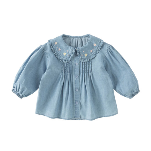 DAVE&BELLA children's shirts 2026 spring new pure cotton girls' denim shirts for baby girls long-sleeved tops children's clothes denim blue ready stock 120 cm (recommended height 110-120cm)