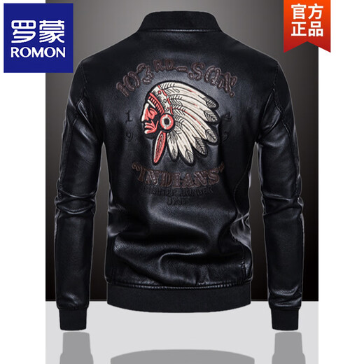 ROMON winter embroidered leather jacket men's winter clothing American handsome men's leather jacket motorcycle jacket plus velvet thickening autumn and winter black + baseball collar + no velvet L recommended 110-125 Jin Jin equals 0.5 kg
