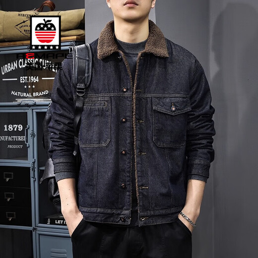 AEMAPE American puree denim lamb velvet denim jacket for men 2025 winter new velvet thickened warm cotton jacket 3128 blue black lamb velvet jacket XL suitable for 145-160Jin Jin equals 0.5 kg