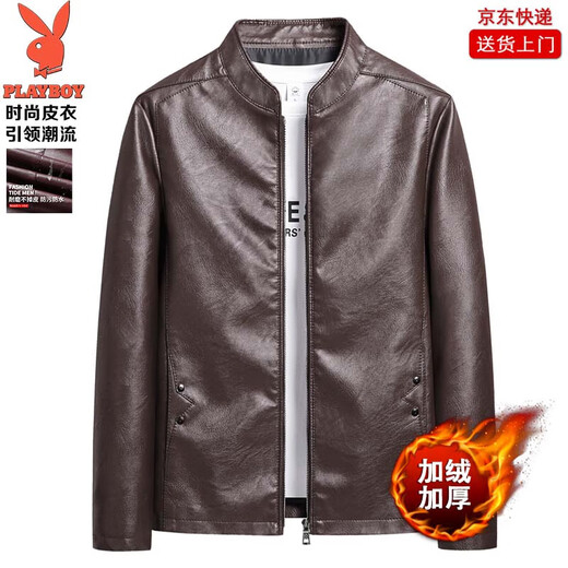 Playboy Men's Motorcycle PU Leather Autumn and Winter Plus Velvet New Jacket Solid Color Stand Collar Slim Handsome Jacket Men's Top Burgundy Spring and Autumn Style 6XL