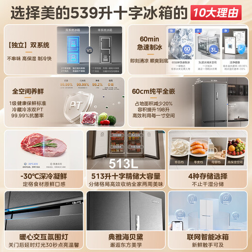 Midea M60 Series Cross Four Door Dual System Embedded Fully Embedded Ultra-Thin Automatic Ice Maker Bottom Cooling Refrigerator MR-539WUSIPZE Instant Subsidy Discount Haibedai