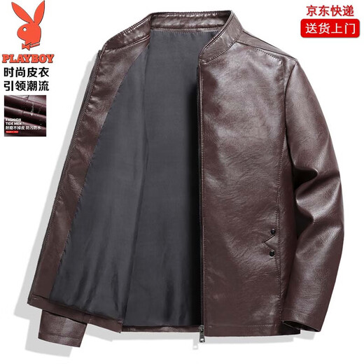 Playboy Men's Motorcycle PU Leather Autumn and Winter Plus Velvet New Jacket Solid Color Stand Collar Slim Handsome Jacket Men's Top Burgundy Spring and Autumn Style 6XL