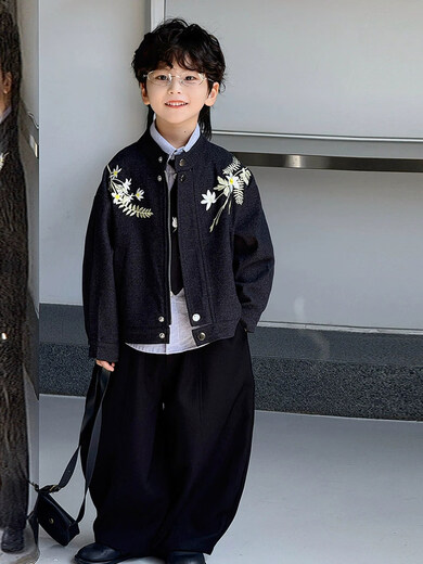 Pi Shuai Children's Jacket 2025 New National Style New Chinese Suit Boys Fashionable Trendy Autumn and Winter Jackets Tops All the Way Flower Jacket + Black Pants + Blue Striped Shirt cm Recommended Weight 5365 Jin Jin is equal to 0.5 kg 140