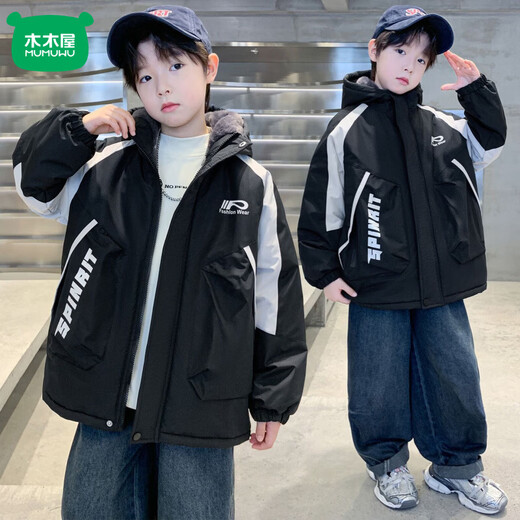 Mumuwu Children's Clothing Boys' Winter Jackets 2026 New Medium and Large Children's Winter Thickened Boys' Autumn and Winter Velvet Jackets Black 150