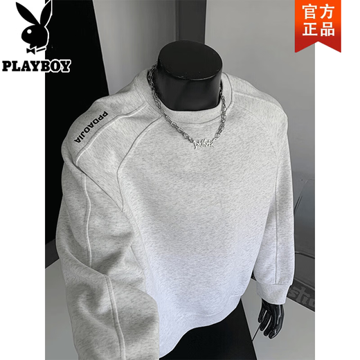 Playboy (PLAYBOY) heavy stitching sweatshirt for men in autumn and winter new American round neck plus velvet loose casual top jacket W5437 flower white gray regular XL recommended weight 130~145Jin Jin equals 0.5 kg