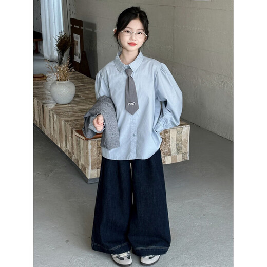 FHHUABD girls autumn college style suit 2026 girls autumn fashionable casual sweet shirt vest three-piece set gray vest and shirt 120 cm