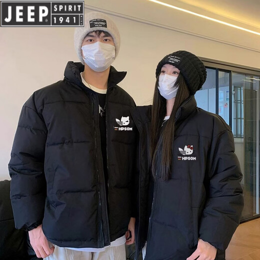 JEEP SPIRIT Autumn and Winter Couple's Cotton Clothes 2026 New Winter American Style Niche Trendy Brand Thickened Down Jacket Men's Black + Women's Black M Men's XL + Women
