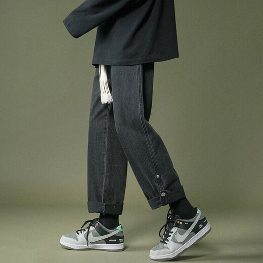 Digada jeans men's autumn and winter simple and loose Hong Kong style retro casual trendy brand straight nine-point pants for men's students HCFS-452 black regular flip-up style L recommended 100-120 Jin Jin equals 0.5 kg