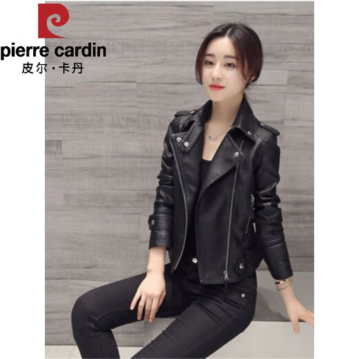 皮尔卡丹（pierre cardin）机车黑色小皮衣外套短款欧货百搭2025秋季新款春秋显瘦休闲夹克女 黑色1 S 建议95以内