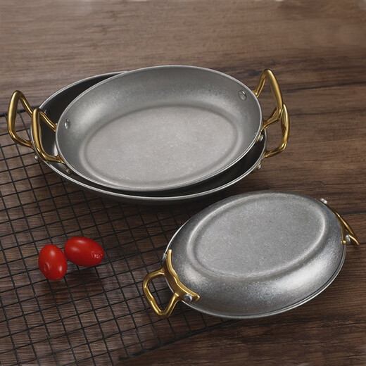 Fantasy Western-style food serving plate double-ear oval flat plate tray stainless steel seafood plate high-end steak retro double-ear dan-shaped gold flower plate 20.5cm