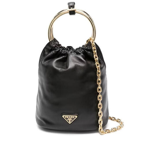 PRADA Women's Handbag Adjustable Shoulder Strap Drawstring Design Portable Storage Shoulder Carrying Black Sheepskin Metal Ring Black TU