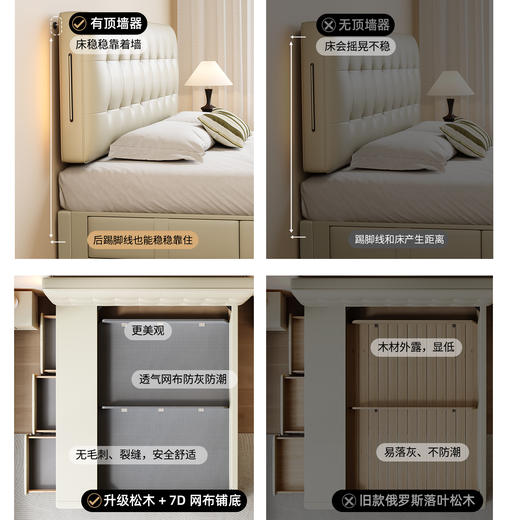 Kaderi waffle leather master bedroom storage bed black small apartment adjustable thin bedside mid-century style double bed beech wood rib frame Victory series single bed frame structure 1800mm*2000mm