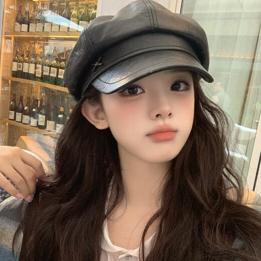 Beret PU leather octagonal hat for women, literary retro leather hat, autumn and winter newsboy hat, British versatile duck bill painter hat, brown M (56-58cm