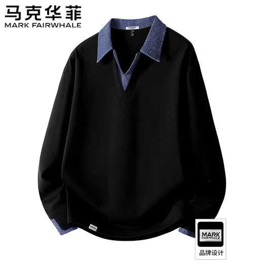 Mark Huafei Sweatshirt Spring and Autumn Men's Lapel Color Block Long Sleeve Loose Casual Versatile Outdoor Sports Top Black 2XL