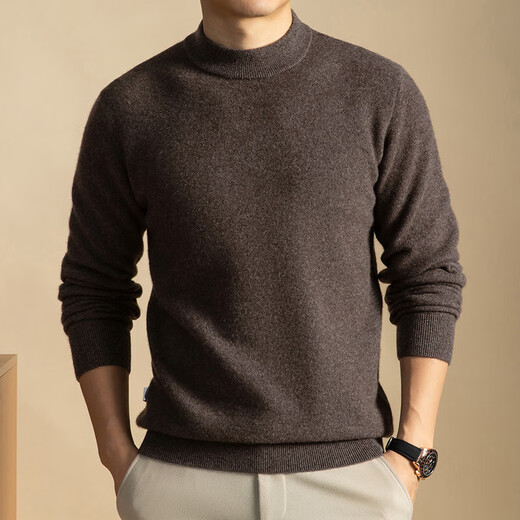 DVW男士羊毛衫秋冬半高领长袖含牦牛绒纯色打底针织老钱风毛衣 高端烟叶棕 M 适合100-120斤	
