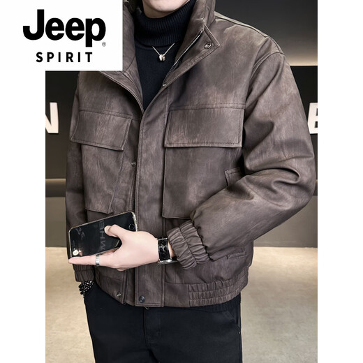 JEEP SPIRIT Leather Down Jacket Men's Winter Stand Collar 2025 New Casual Big Pocket American Retro Thickened Winter Jacket Brown M 100-130Jin Jin is equal to about 0.5 kg