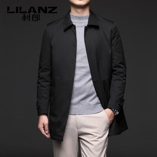 利郎（LILANZ）羽绒服男中长款外套秋冬中老年翻领白鸭绒加厚保暖风衣外套 绿色 M